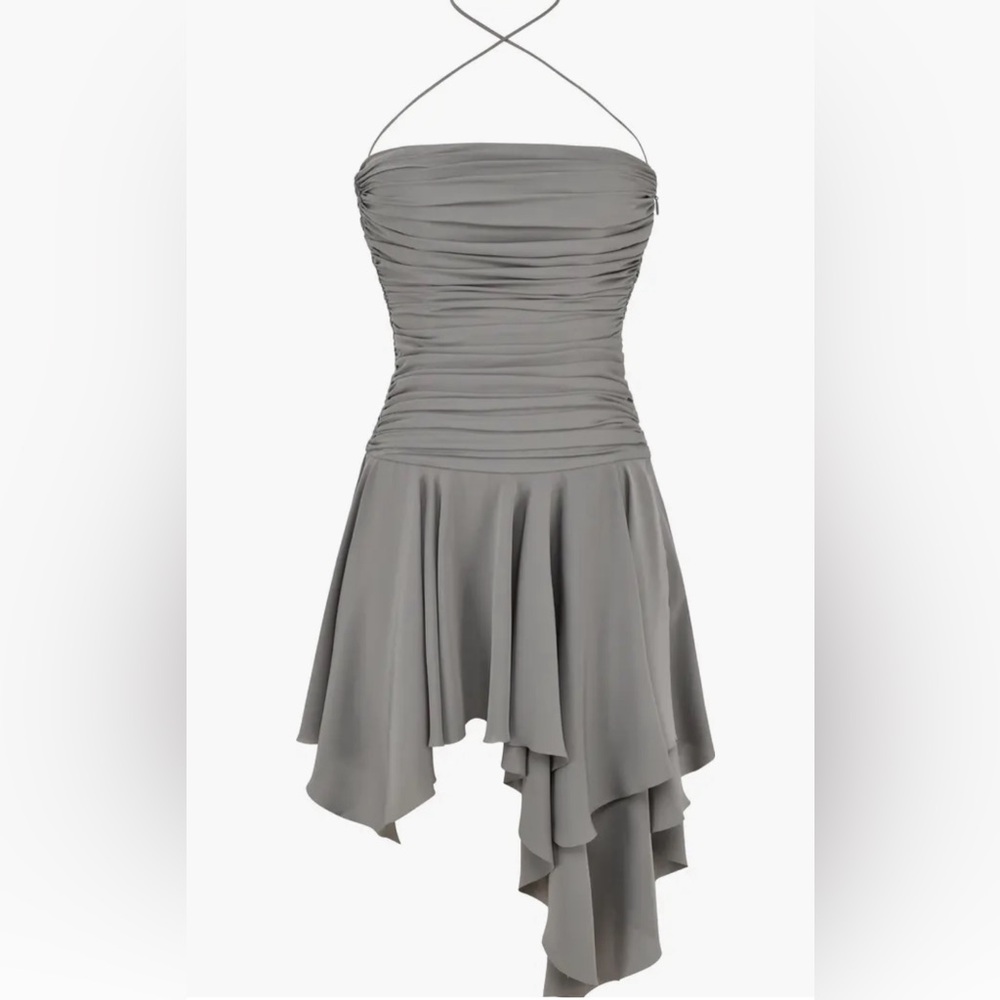 House of CB Valeria Ruched Asymmetric Ruffle Strapless Dress in Smoke